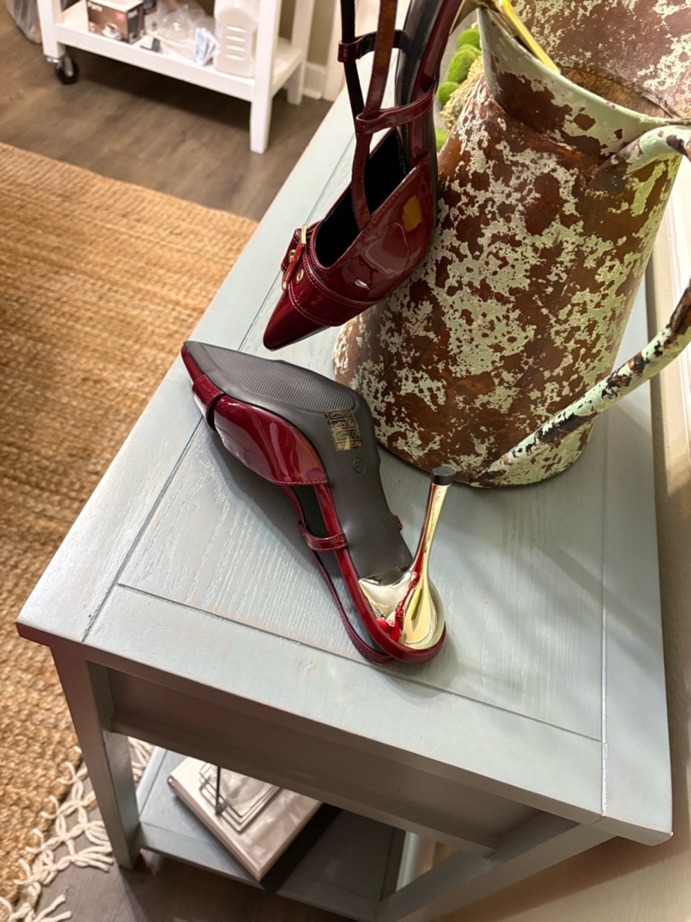 Designer Inspired Patent Pointed-Toe Slingback Heels with Gold Buckle - Picture 3 of 6
